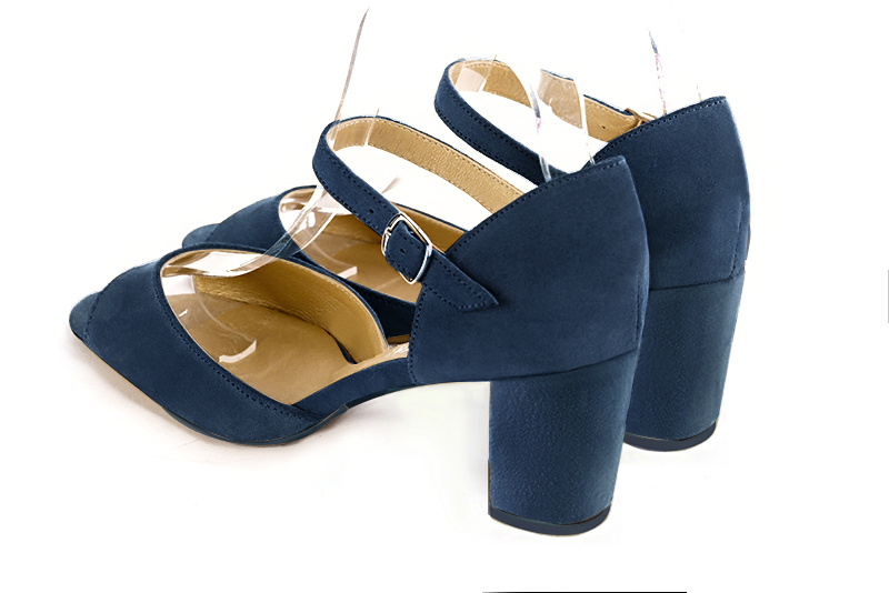 Navy blue women's closed back sandals, with an instep strap. Square toe. Medium block heels. Rear view - Florence KOOIJMAN